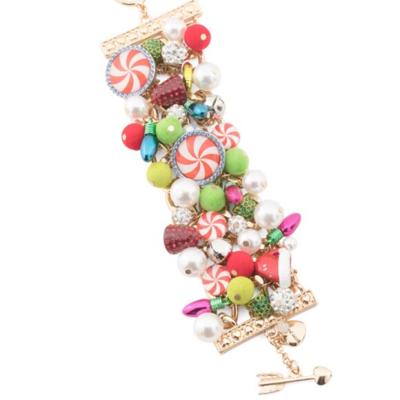 NWT BETSEY JOHNSON Christmas Candy Faux Pearl Gold Tone Statement Bracelet - Picture 1 of 2